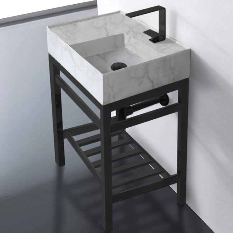 Scarabeo 5117-F-CON2-BLK-One Hole Modern Marble Design Ceramic Console Sink and Matte Black Base